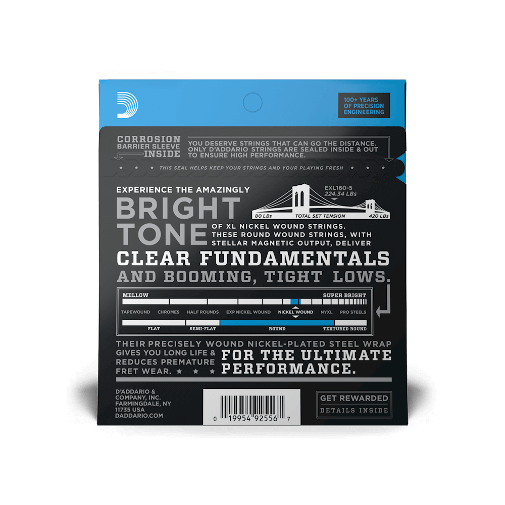D'Addario EXL160-5 Nickel Wound 5-String Bass Medium 50-135 Long Scale