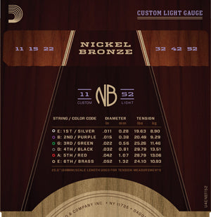D'Addario NB1152 Nickel Bronze Acoustic Guitar Strings Custom Light 11-52