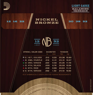 D'Addario NB1253 Nickel Bronze Acoustic Guitar Strings Light 12-53